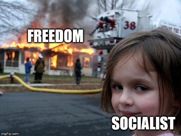 Disaster Girl | FREEDOM; SOCIALIST | image tagged in memes,disaster girl | made w/ Imgflip meme maker