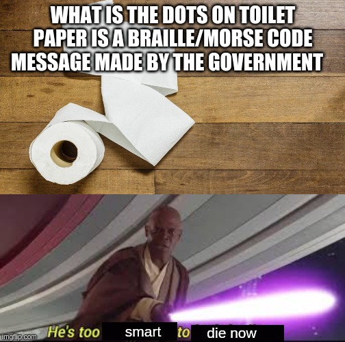  WHAT IS THE DOTS ON TOILET PAPER IS A BRAILLE/MORSE CODE MESSAGE MADE BY THE GOVERNMENT; smart; die now | image tagged in toilet paper | made w/ Imgflip meme maker
