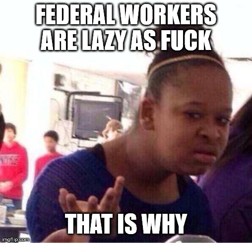 Wut? | FEDERAL WORKERS ARE LAZY AS F**K THAT IS WHY | image tagged in wut | made w/ Imgflip meme maker