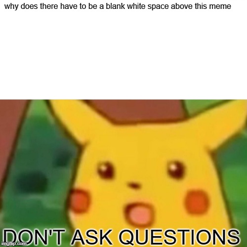 Surprised Pikachu Meme | why does there have to be a blank white space above this meme; DON'T ASK QUESTIONS | image tagged in memes,surprised pikachu | made w/ Imgflip meme maker