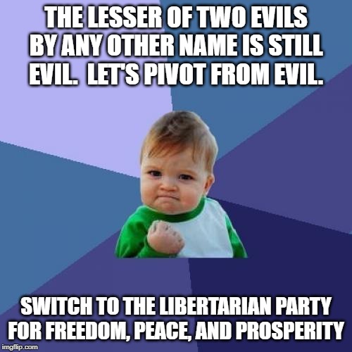 Success Kid | THE LESSER OF TWO EVILS BY ANY OTHER NAME IS STILL EVIL.  LET'S PIVOT FROM EVIL. SWITCH TO THE LIBERTARIAN PARTY FOR FREEDOM, PEACE, AND PROSPERITY | image tagged in memes,success kid | made w/ Imgflip meme maker