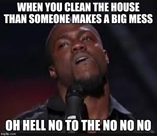 Kevin Hart | WHEN YOU CLEAN THE HOUSE THAN SOMEONE MAKES A BIG MESS; OH HELL NO TO THE NO NO NO | image tagged in kevin hart | made w/ Imgflip meme maker