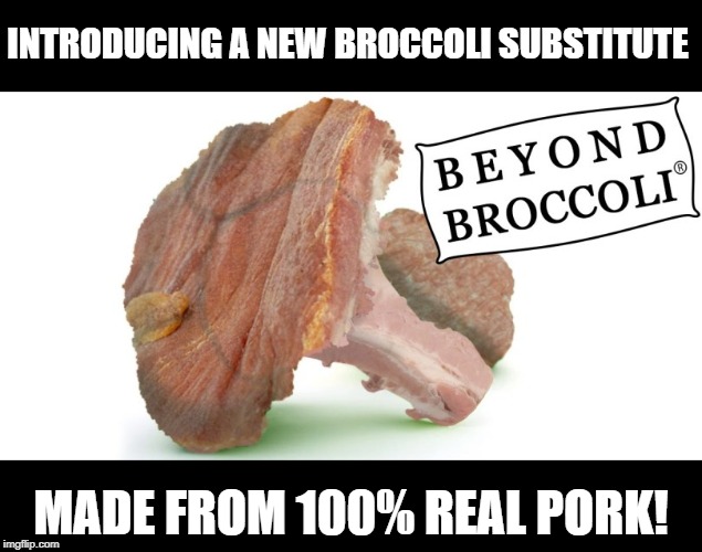 Coming soon: Cowflower a 100% beef substitute for cauliflower. | INTRODUCING A NEW BROCCOLI SUBSTITUTE; MADE FROM 100% REAL PORK! | image tagged in funny,funny memes | made w/ Imgflip meme maker