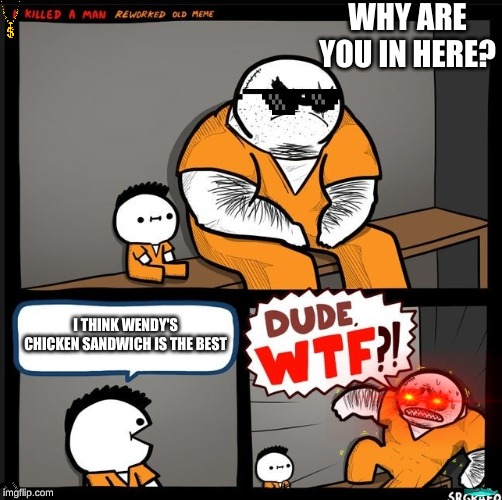 Srgrafo dude wtf | WHY ARE YOU IN HERE? I THINK WENDY'S CHICKEN SANDWICH IS THE BEST | image tagged in srgrafo dude wtf | made w/ Imgflip meme maker
