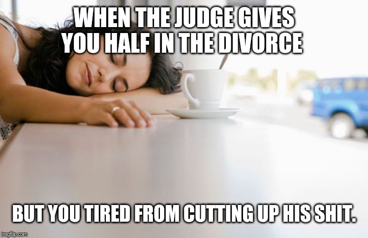 Tired Woman | WHEN THE JUDGE GIVES YOU HALF IN THE DIVORCE; BUT YOU TIRED FROM CUTTING UP HIS SHIT. | image tagged in tired woman | made w/ Imgflip meme maker
