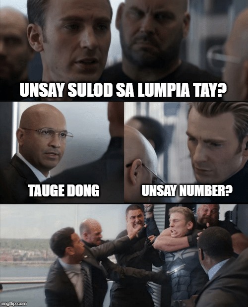 Captain America Elevator Fight | UNSAY SULOD SA LUMPIA TAY? UNSAY NUMBER? TAUGE DONG | image tagged in captain america elevator fight | made w/ Imgflip meme maker