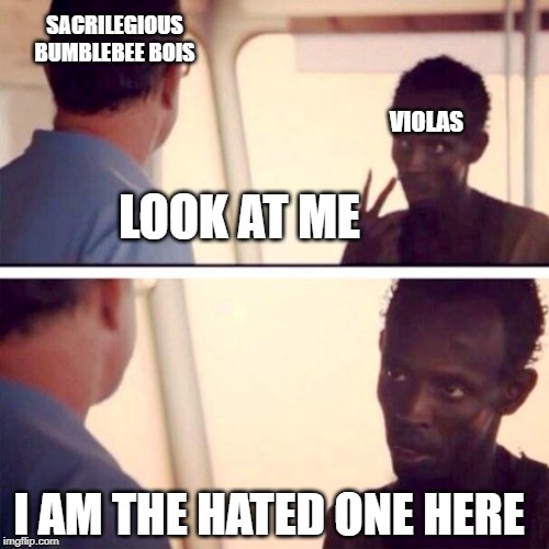Captain Phillips - I'm The Captain Now | VIOLAS; SACRILEGIOUS BUMBLEBEE BOIS; LOOK AT ME; I AM THE HATED ONE HERE | image tagged in memes,captain phillips - i'm the captain now,music,orchestra | made w/ Imgflip meme maker