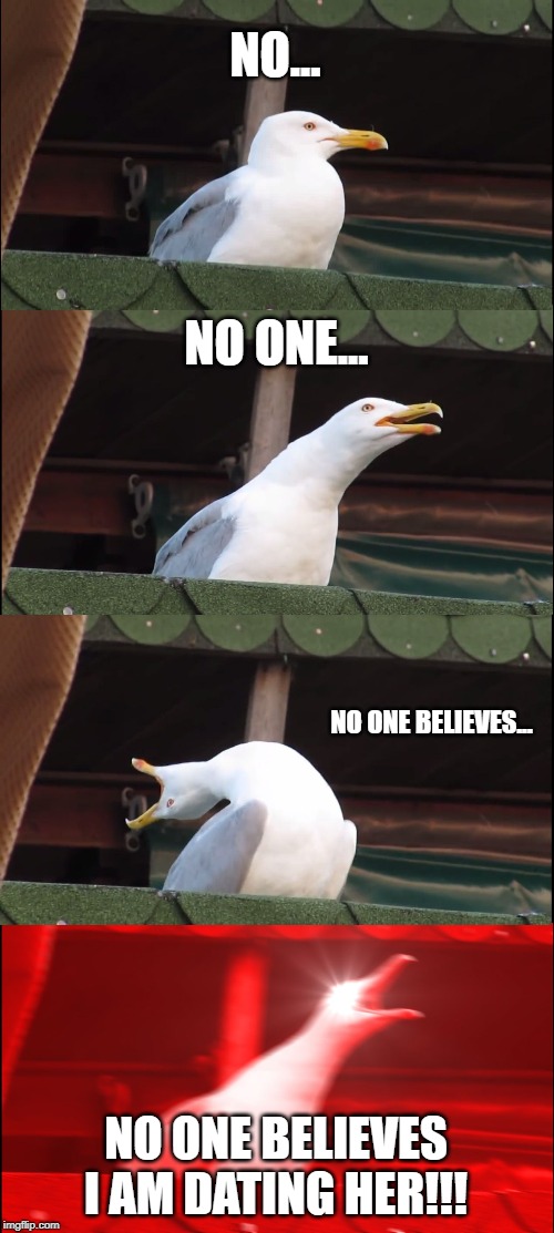 Inhaling Seagull Meme | NO... NO ONE... NO ONE BELIEVES... NO ONE BELIEVES I AM DATING HER!!! | image tagged in memes,inhaling seagull | made w/ Imgflip meme maker