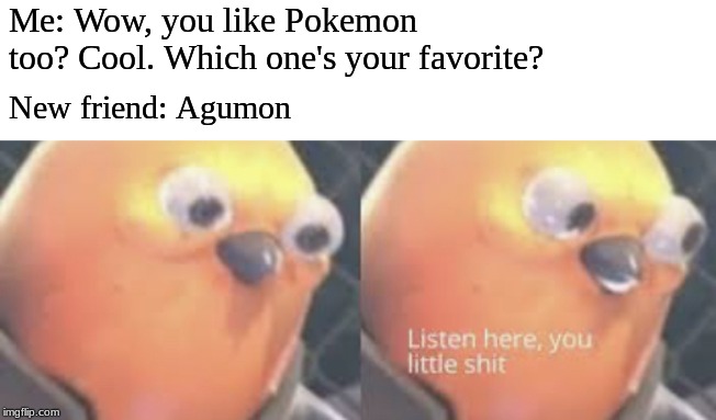 Listen here you little shit bird | Me: Wow, you like Pokemon too? Cool. Which one's your favorite? New friend: Agumon | image tagged in listen here you little shit bird | made w/ Imgflip meme maker