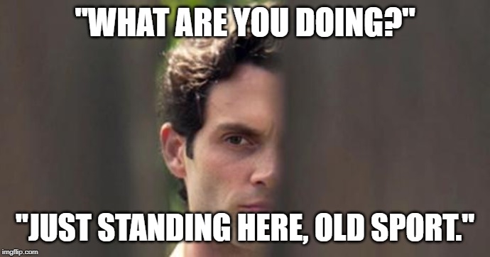 Joe Goldberg | "WHAT ARE YOU DOING?"; "JUST STANDING HERE, OLD SPORT." | image tagged in joe goldberg | made w/ Imgflip meme maker