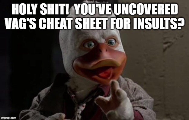 Aha Howard | HOLY SHIT!  YOU'VE UNCOVERED VAG'S CHEAT SHEET FOR INSULTS? | image tagged in aha howard | made w/ Imgflip meme maker