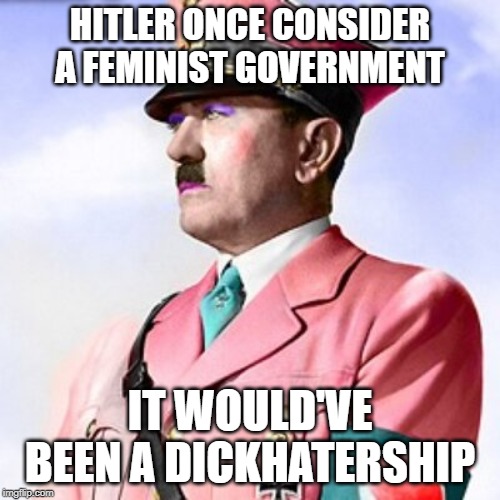 Pink Nazi | HITLER ONCE CONSIDER A FEMINIST GOVERNMENT; IT WOULD'VE BEEN A DICKHATERSHIP | image tagged in feminist hitler | made w/ Imgflip meme maker