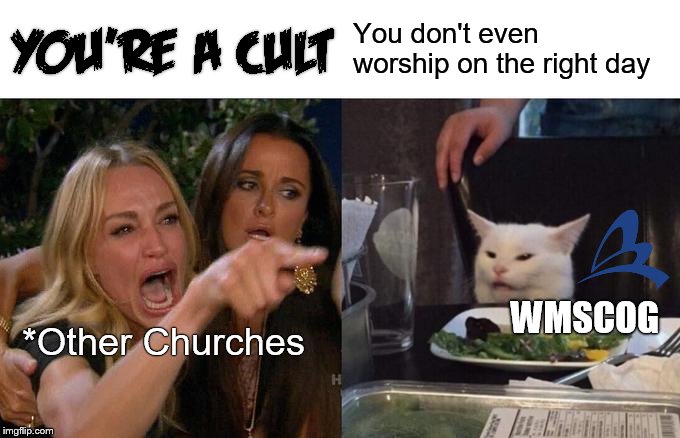 If Jesus & AhnsahngHong were born on Sunday, that means only Saturday can be the 7th day, Sunday has it's own purpose | You don't even worship on the right day; WMSCOG; *Other Churches | image tagged in memes,woman yelling at cat,christianity,religion,christian,holy bible | made w/ Imgflip meme maker