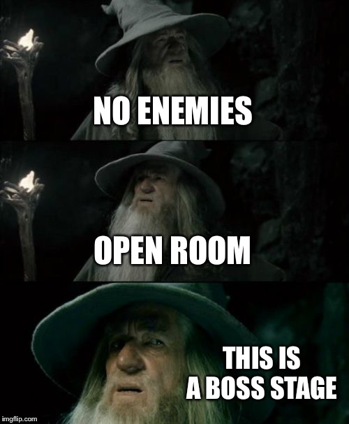 Confused Gandalf Meme | NO ENEMIES; OPEN ROOM; THIS IS A BOSS STAGE | image tagged in memes,confused gandalf | made w/ Imgflip meme maker