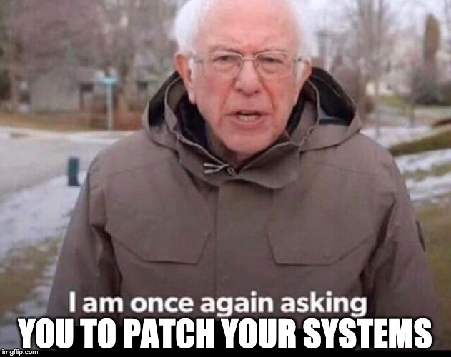 vuln mgmt team going up to sys admins | YOU TO PATCH YOUR SYSTEMS | image tagged in bernie sanders financial support | made w/ Imgflip meme maker