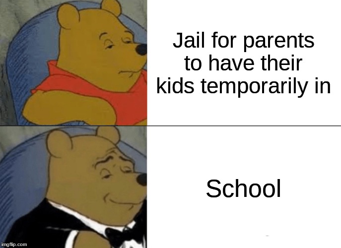 Tuxedo Winnie The Pooh Meme | Jail for parents to have their kids temporarily in; School | image tagged in memes,tuxedo winnie the pooh | made w/ Imgflip meme maker