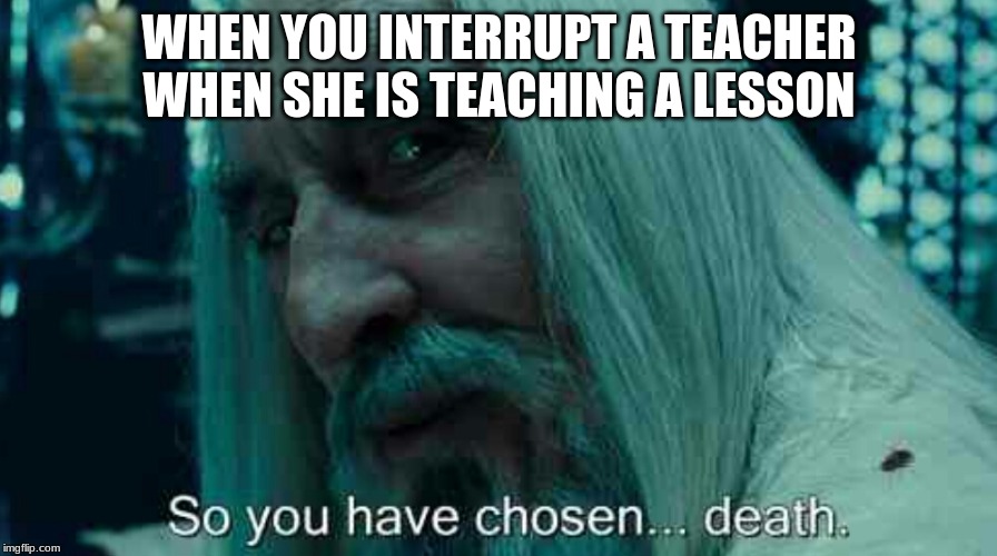 So you have chosen death |  WHEN YOU INTERRUPT A TEACHER WHEN SHE IS TEACHING A LESSON | image tagged in so you have chosen death | made w/ Imgflip meme maker