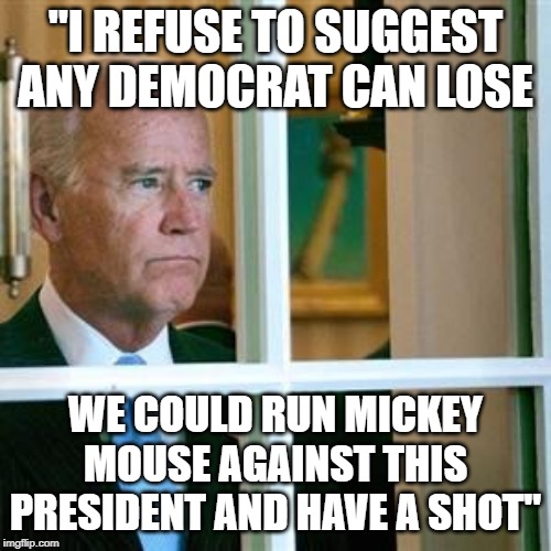 Grand delusions of a bright sunny day | "I REFUSE TO SUGGEST ANY DEMOCRAT CAN LOSE; WE COULD RUN MICKEY MOUSE AGAINST THIS PRESIDENT AND HAVE A SHOT" | image tagged in joe biden,trump,election | made w/ Imgflip meme maker