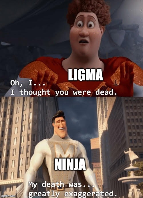 R.I.P. Ninja | LIGMA; NINJA | image tagged in my death was greatly exaggerated,funny,ninja,ligma,ninja has ligma,dank memes | made w/ Imgflip meme maker