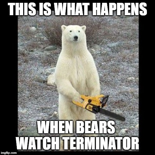 Chainsaw Bear | THIS IS WHAT HAPPENS; WHEN BEARS 
WATCH TERMINATOR | image tagged in memes,chainsaw bear | made w/ Imgflip meme maker