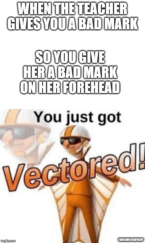 VECTORED | WHEN THE TEACHER GIVES YOU A BAD MARK; SO YOU GIVE HER A BAD MARK ON HER FOREHEAD; THATONEFISHYGUY | image tagged in you just got vectored,teacher | made w/ Imgflip meme maker