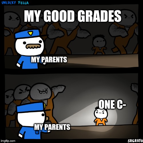 Relatable | MY GOOD GRADES; MY PARENTS; ONE C-; MY PARENTS | image tagged in prison,grades | made w/ Imgflip meme maker