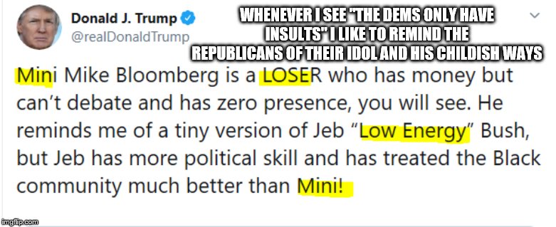 Trump Insulting | WHENEVER I SEE "THE DEMS ONLY HAVE INSULTS" I LIKE TO REMIND THE REPUBLICANS OF THEIR IDOL AND HIS CHILDISH WAYS | image tagged in trump insulting | made w/ Imgflip meme maker