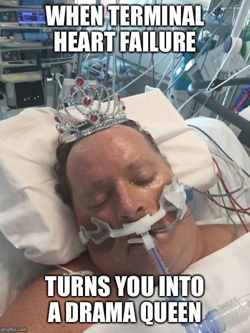 WHEN TERMINAL HEART FAILURE; TURNS YOU INTO A DRAMA QUEEN | image tagged in terminal,heart,drama,queen,heart attack,hospital | made w/ Imgflip meme maker
