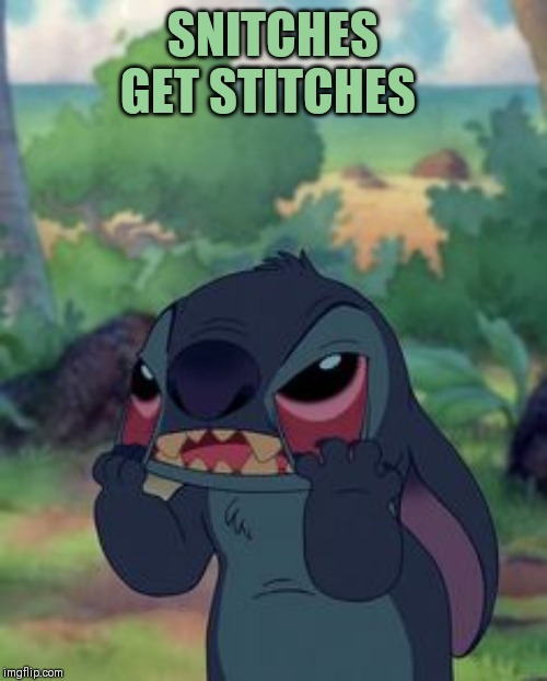 Stitch | SNITCHES GET STITCHES | image tagged in stitch | made w/ Imgflip meme maker
