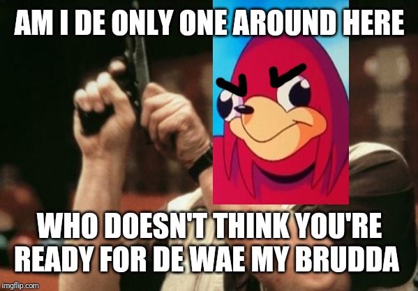Am I The Only One Around Here | AM I DE ONLY ONE AROUND HERE; WHO DOESN'T THINK YOU'RE READY FOR DE WAE MY BRUDDA | image tagged in memes,am i the only one around here,ugandan knuckles,dank memes,de wae,savage memes | made w/ Imgflip meme maker