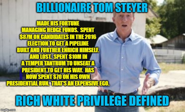 Billionaire Tom Steyer: It takes a lot of money to feed his ego. | MADE HIS FORTUNE MANAGING HEDGE FUNDS.  SPENT $87M ON CANDIDATES IN THE 2016 ELECTION TO GET A PIPELINE BUILT AND FURTHER ENRICH HIMSELF.  AND LOST.  SPENT $10M IN A TEMPER TANTRUM TO UNSEAT A PRESIDENT TO GET HIS WAY.  HAS NOW SPENT $70 ON HIS OWN PRESIDENTIAL RUN.  THAT'S AN EXPENSIVE EGO. BILLIONAIRE TOM STEYER; RICH WHITE PRIVILEGE DEFINED | image tagged in memes,2020 elections,billionaire,steyer,white privilege,ego | made w/ Imgflip meme maker