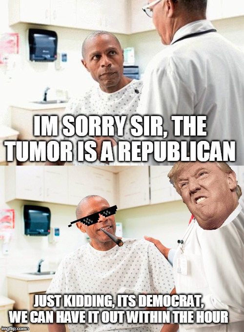 It's Terminal | IM SORRY SIR, THE TUMOR IS A REPUBLICAN; JUST KIDDING, ITS DEMOCRAT, WE CAN HAVE IT OUT WITHIN THE HOUR | image tagged in democrats,republicans | made w/ Imgflip meme maker