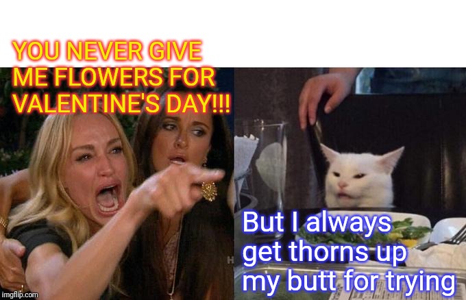 Woman Yelling At Cat Meme | YOU NEVER GIVE ME FLOWERS FOR VALENTINE'S DAY!!! But I always get thorns up my butt for trying | image tagged in memes,woman yelling at cat | made w/ Imgflip meme maker