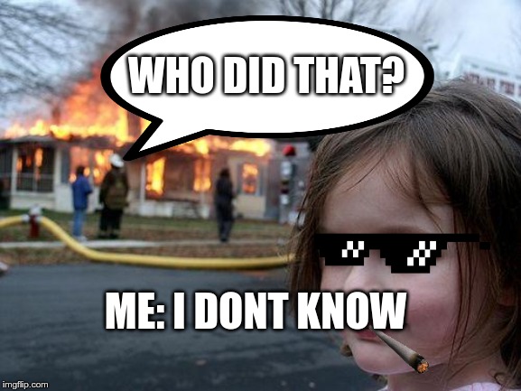 Disaster Girl | WHO DID THAT? ME: I DONT KNOW | image tagged in memes,disaster girl | made w/ Imgflip meme maker