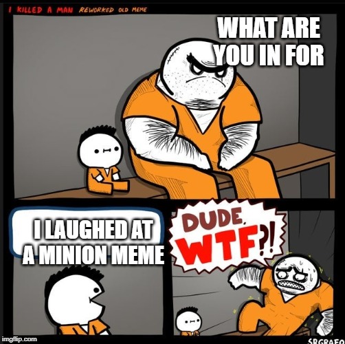 Srgrafo dude wtf | WHAT ARE YOU IN FOR; I LAUGHED AT A MINION MEME | image tagged in srgrafo dude wtf | made w/ Imgflip meme maker