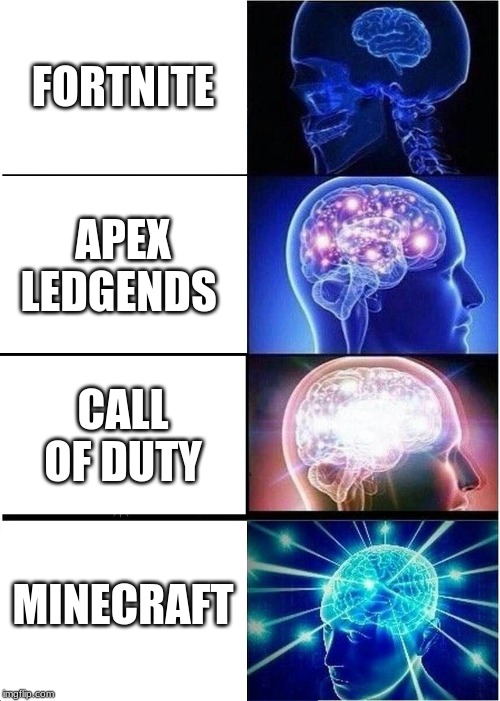 Expanding Brain | FORTNITE; APEX LEDGENDS; CALL OF DUTY; MINECRAFT | image tagged in memes,expanding brain | made w/ Imgflip meme maker