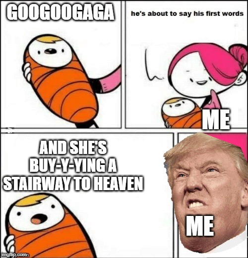 I HATE LED ZEPPELIN | GOOGOOGAGA; ME; AND SHE'S BUY-Y-YING A STAIRWAY TO HEAVEN; ME | image tagged in baby first words | made w/ Imgflip meme maker