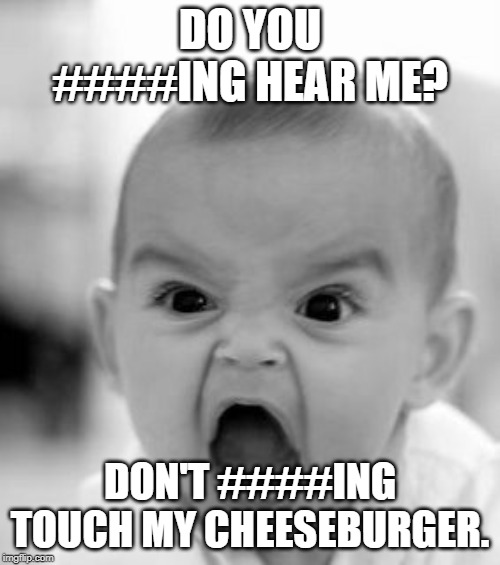 Angry Baby Meme | DO YOU ####ING HEAR ME? DON'T ####ING TOUCH MY CHEESEBURGER. | image tagged in memes,angry baby | made w/ Imgflip meme maker