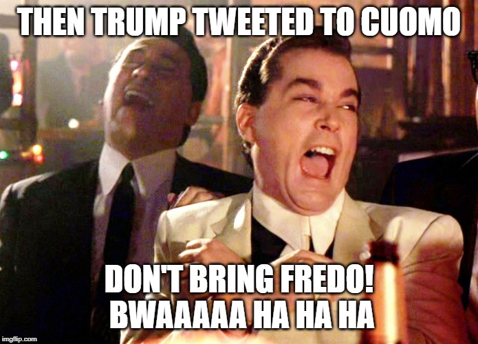 Good Fellas Hilarious | THEN TRUMP TWEETED TO CUOMO; DON'T BRING FREDO!  BWAAAAA HA HA HA | image tagged in memes,good fellas hilarious | made w/ Imgflip meme maker
