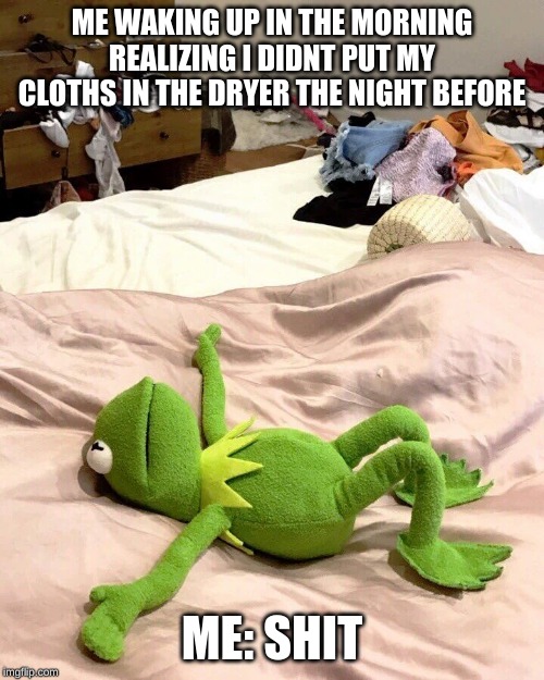 Kermit bed meme | ME WAKING UP IN THE MORNING REALIZING I DIDNT PUT MY CLOTHS IN THE DRYER THE NIGHT BEFORE; ME: SHIT | image tagged in kermit bed meme | made w/ Imgflip meme maker