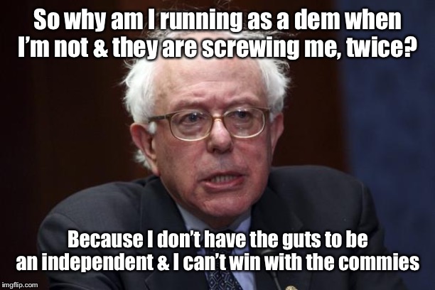 Bernie Sanders | So why am I running as a dem when I’m not & they are screwing me, twice? Because I don’t have the guts to be an independent & I can’t win wi | image tagged in bernie sanders | made w/ Imgflip meme maker