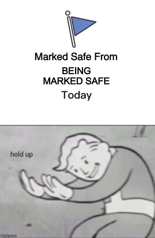 BEING MARKED SAFE | image tagged in fallout hold up,memes,marked safe from | made w/ Imgflip meme maker