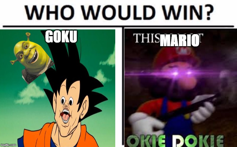 Oh no here we go again. | GOKU; MARIO | image tagged in who would win,mario,derpy interest goku,meme,this is not okie dokie,shrek face | made w/ Imgflip meme maker