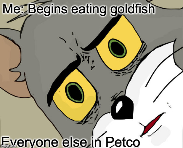 Unsettled Tom Meme | Me: Begins eating goldfish; Everyone else in Petco | image tagged in memes,unsettled tom | made w/ Imgflip meme maker