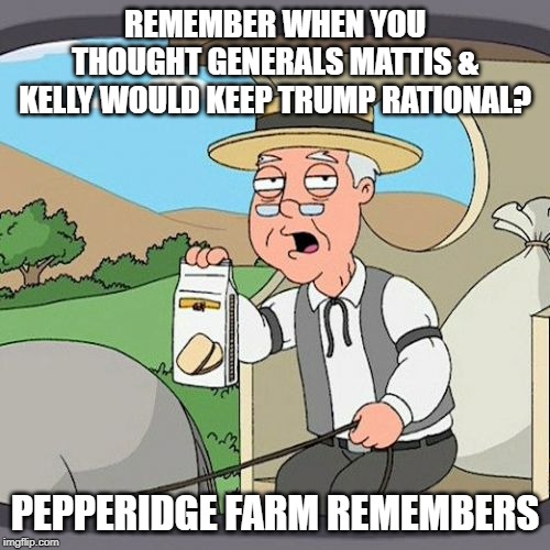 Pepperidge Farm Remembers | REMEMBER WHEN YOU THOUGHT GENERALS MATTIS & KELLY WOULD KEEP TRUMP RATIONAL? PEPPERIDGE FARM REMEMBERS | image tagged in memes,pepperidge farm remembers,kelly,trump,mattis | made w/ Imgflip meme maker