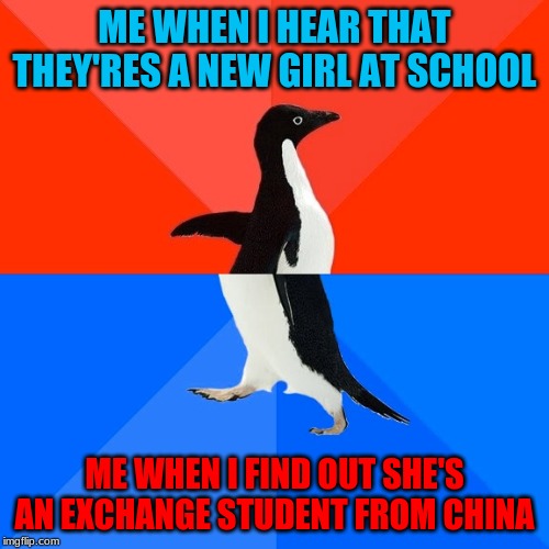 Socially Awesome Awkward Penguin Meme | ME WHEN I HEAR THAT THEY'RES A NEW GIRL AT SCHOOL; ME WHEN I FIND OUT SHE'S AN EXCHANGE STUDENT FROM CHINA | image tagged in memes,socially awesome awkward penguin | made w/ Imgflip meme maker