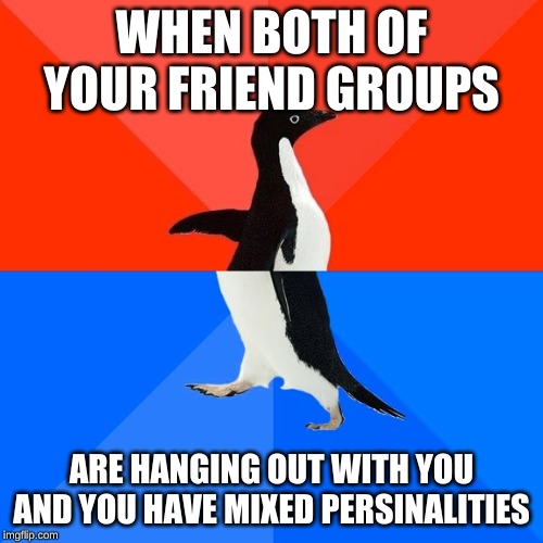 Socially Awesome Awkward Penguin Meme | WHEN BOTH OF YOUR FRIEND GROUPS; ARE HANGING OUT WITH YOU AND YOU HAVE MIXED PERSONALITIES | image tagged in memes,socially awesome awkward penguin | made w/ Imgflip meme maker