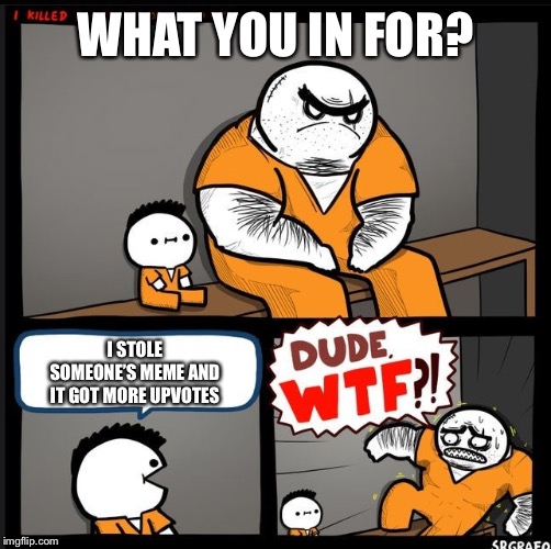Srgrafo dude wtf | WHAT YOU IN FOR? I STOLE SOMEONE’S MEME AND IT GOT MORE UPVOTES | image tagged in srgrafo dude wtf | made w/ Imgflip meme maker