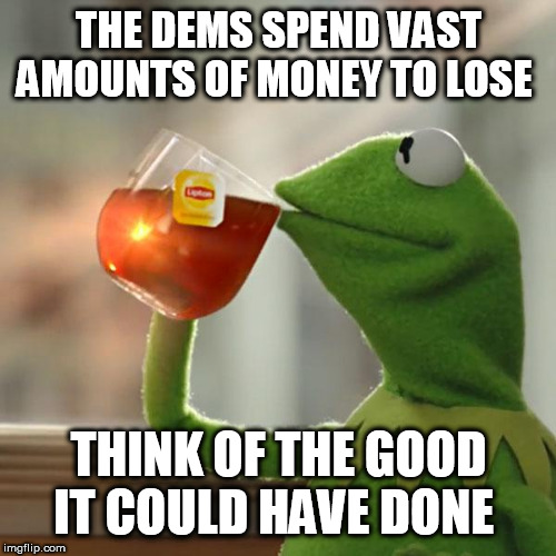But That's None Of My Business | THE DEMS SPEND VAST AMOUNTS OF MONEY TO LOSE; THINK OF THE GOOD IT COULD HAVE DONE | image tagged in memes,but thats none of my business,kermit the frog | made w/ Imgflip meme maker