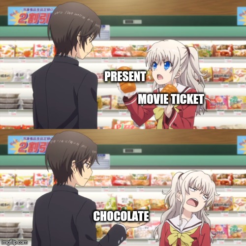 charlotte anime | PRESENT; MOVIE TICKET; CHOCOLATE | image tagged in charlotte anime | made w/ Imgflip meme maker